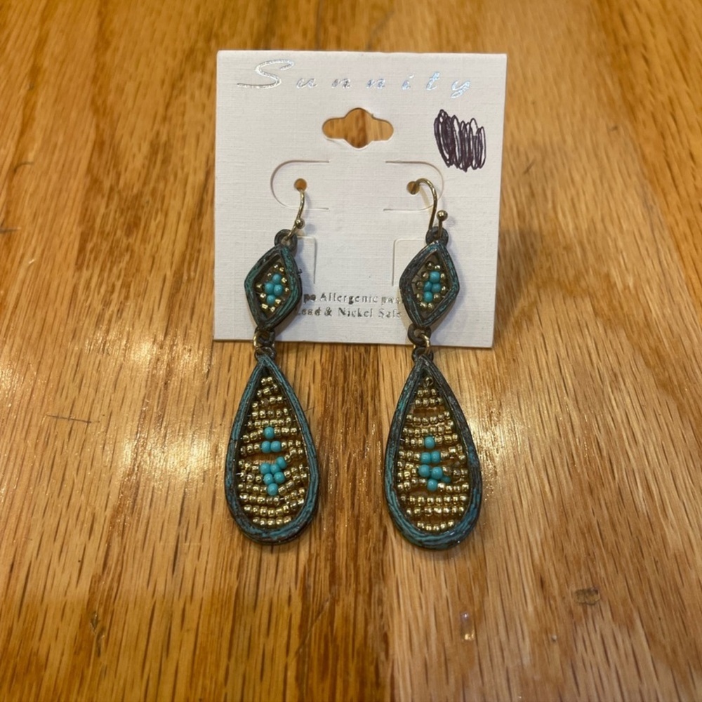 Sunnity turquoise and gold beaded teardrop dangle earrings